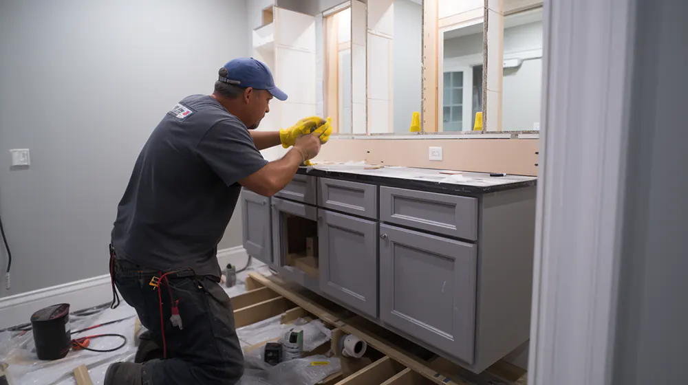 A man installing new cabinets in the vanity