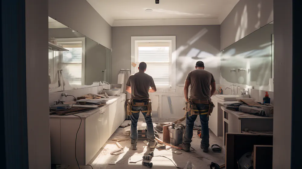 Two construction workers remodeling a bathroom