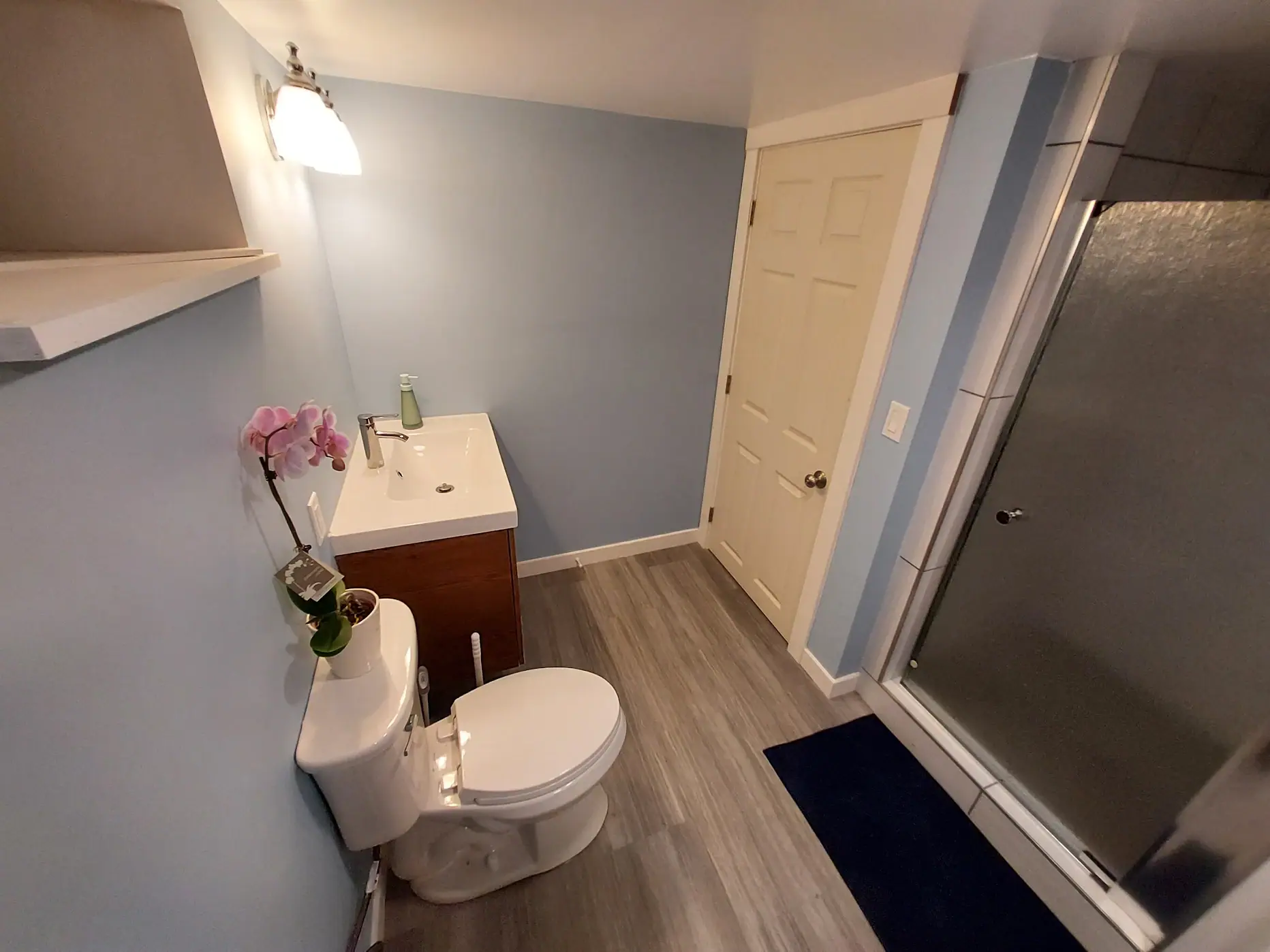 Bathroom with light blue walls, a compact vanity, wood-look flooring and a glass shower door