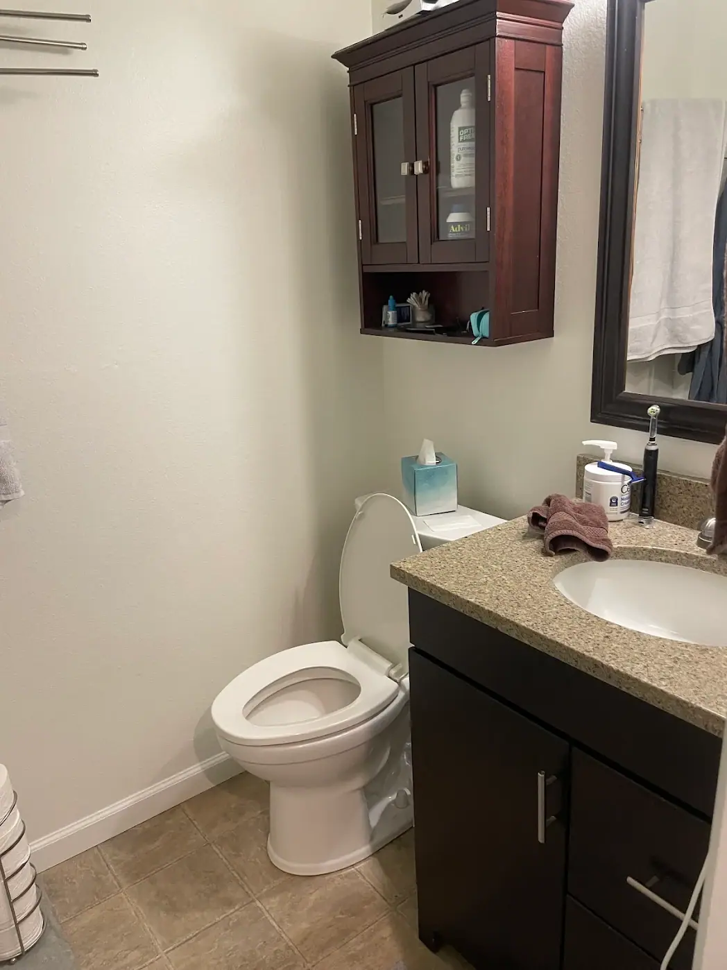 Before the remodel: a dark vanity with a speckled countertop and a wall cabinet above the toilet