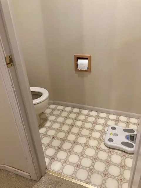 Before the remodel: a toilet room with patterned vinyl flooring